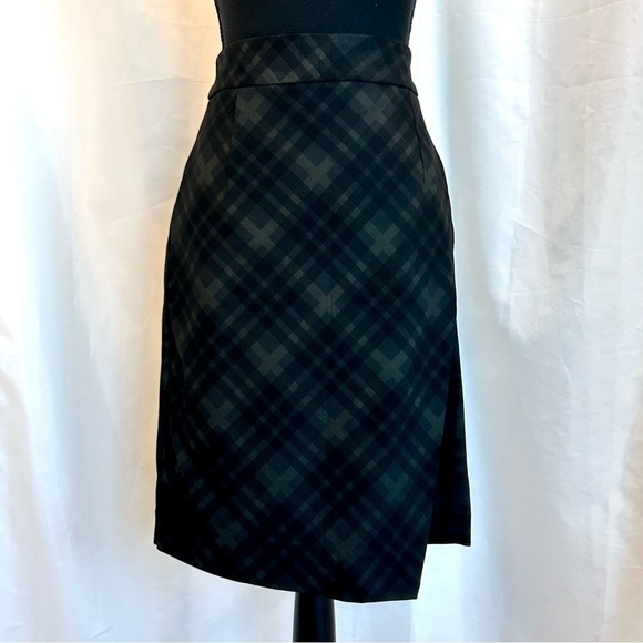 PREMISE Studio black green plaid check asymmetrical side zipper pencil skirt Sz4 - Picture 2 of 13